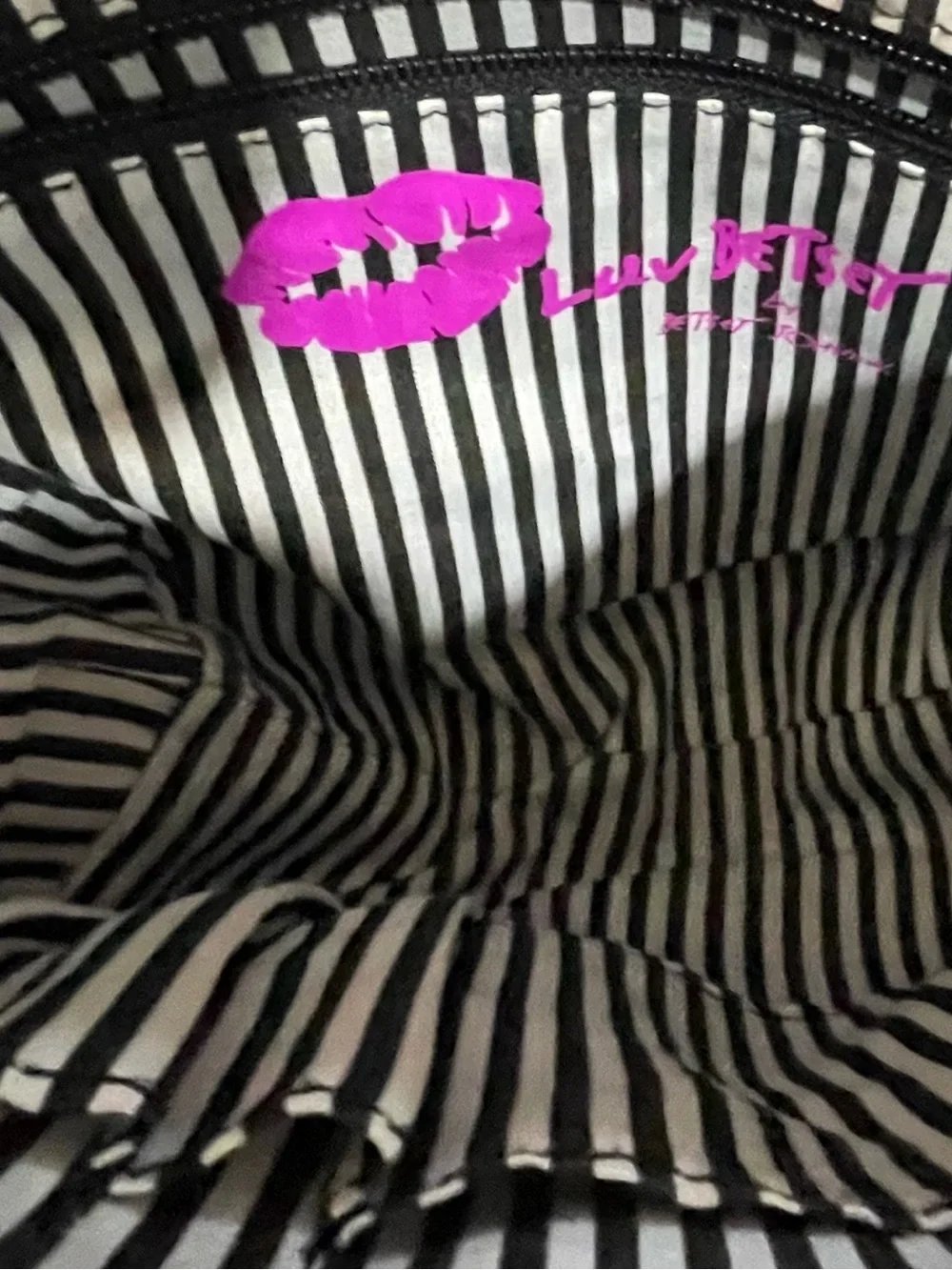 Betsey Johnson Striped Rose Floral Satchel Handbag w/Pom Pom (No Crossbody Strap